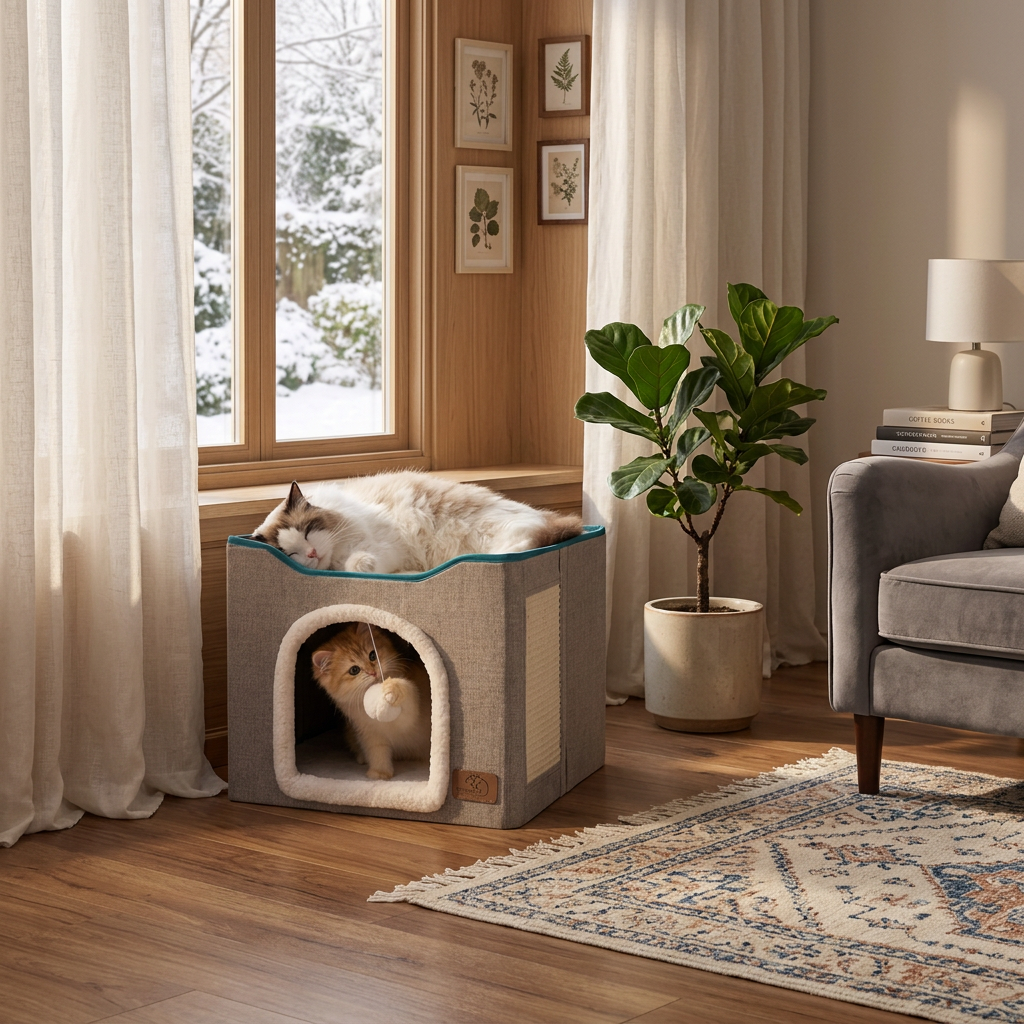 Luxury Cat Cave Bed with Scratch Pad & Plush Cushion | Foldable Indoor Cat House