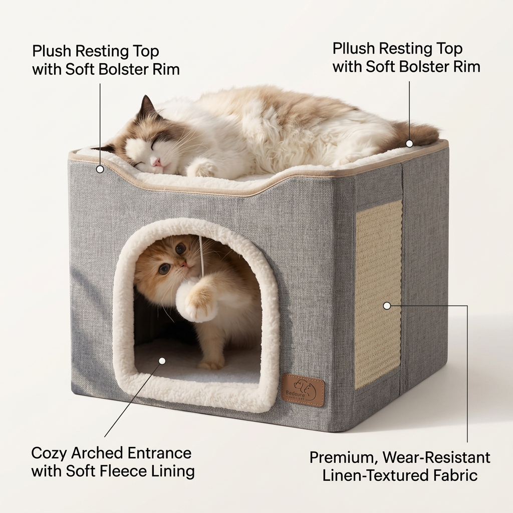 Luxury Cat Cave Bed with Scratch Pad & Plush Cushion | Foldable Indoor Cat House