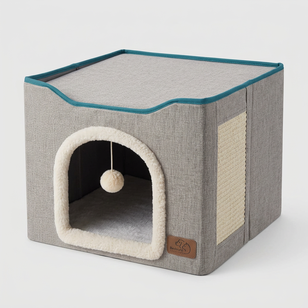 Luxury Cat Cave Bed with Scratch Pad & Plush Cushion | Foldable Indoor Cat House