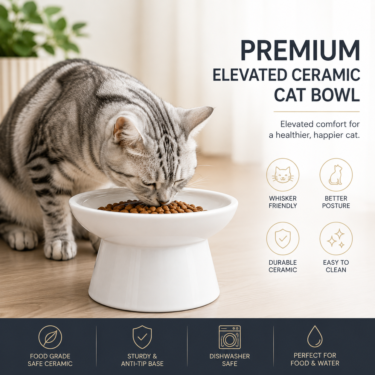 Elevated Ceramic Cat Bowl – Wide Shallow Pet Feeding Bowl
