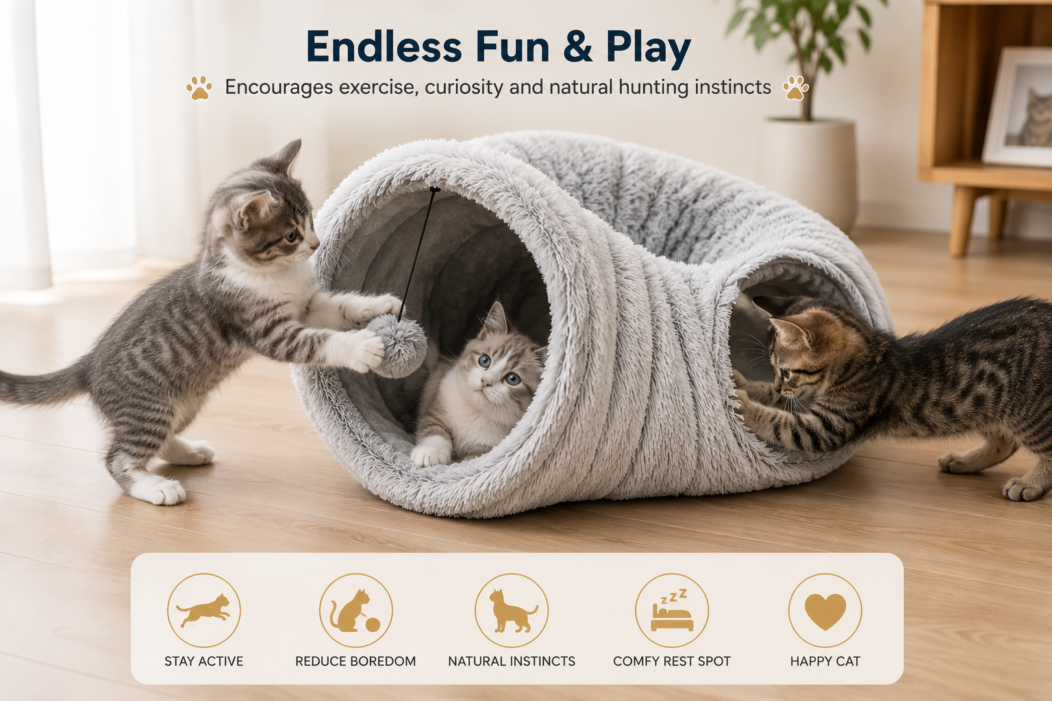 Foldable Cat Tunnel Bed | Soft Plush Interactive Play & Cozy Sleep Tube