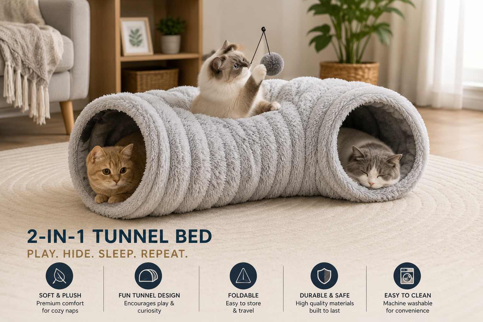 Foldable Cat Tunnel Bed | Soft Plush Interactive Play & Cozy Sleep Tube