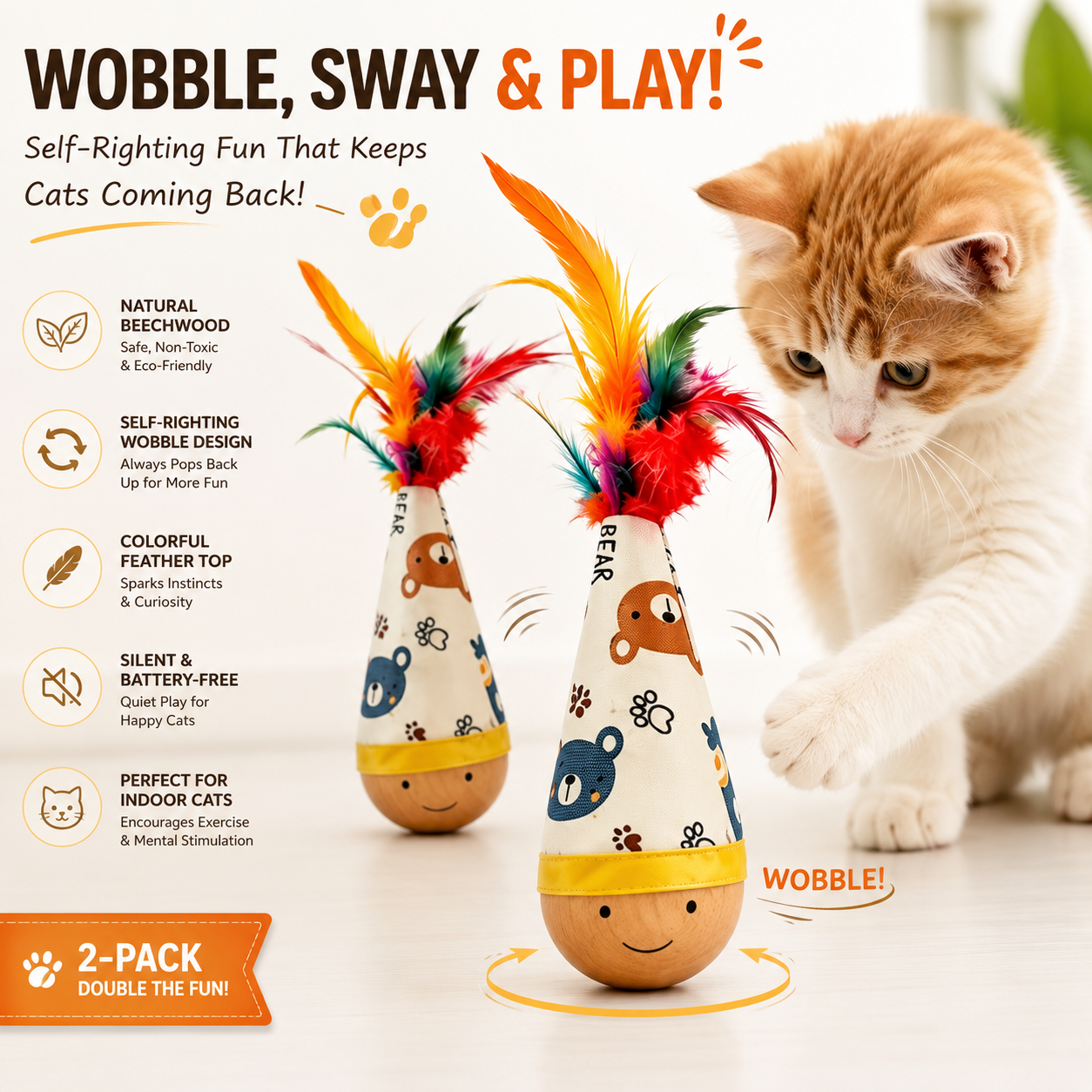 Natural Beechwood Wobble Cat Toy | Interactive Feather Tumbler (2-Pack)