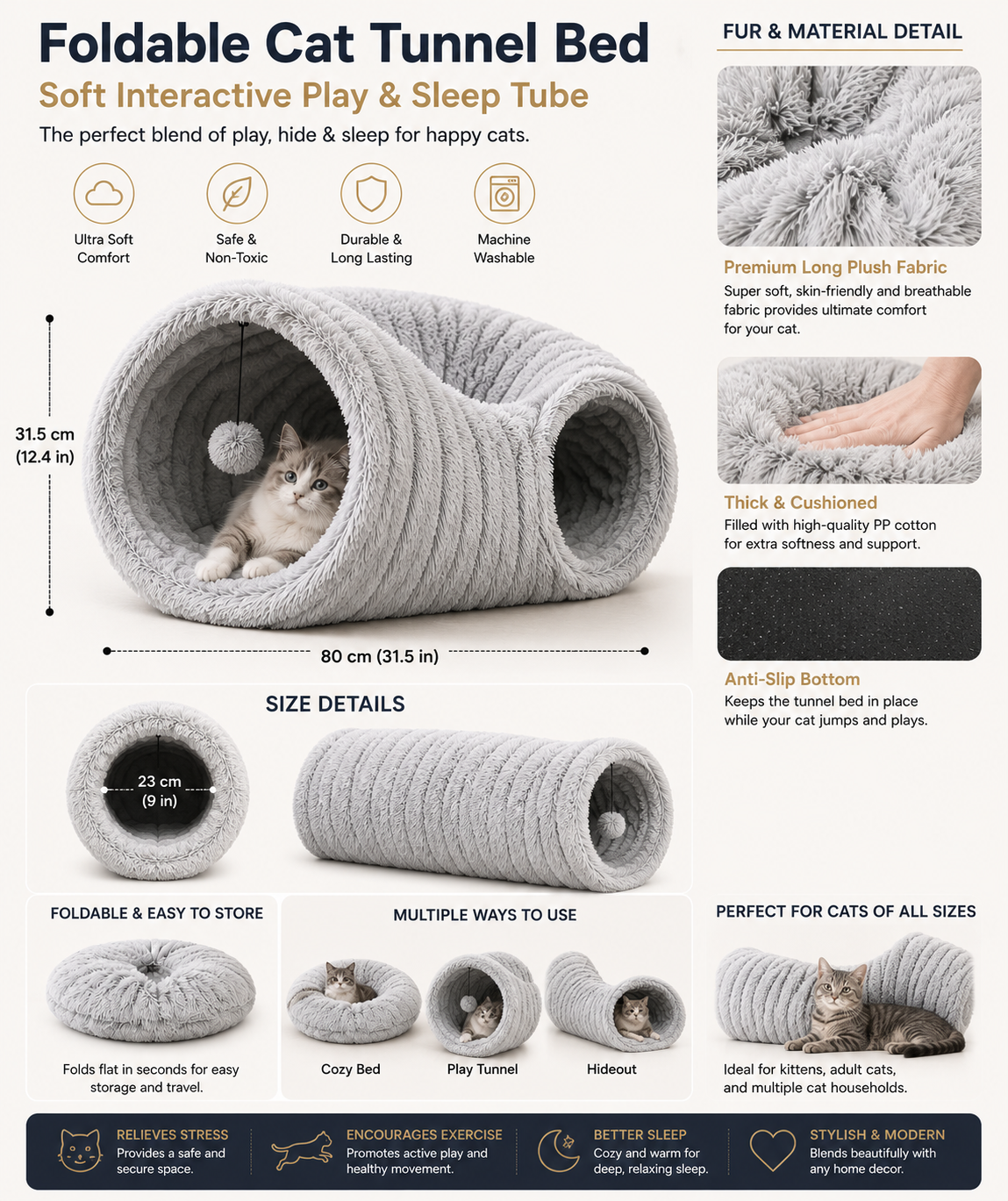 Foldable Cat Tunnel Bed | Soft Plush Interactive Play & Cozy Sleep Tube