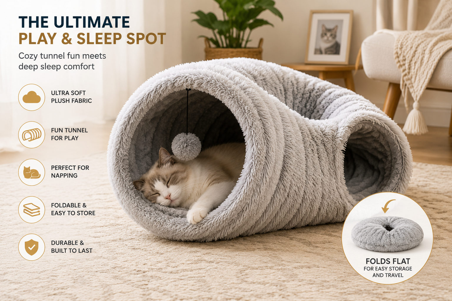 Foldable Cat Tunnel Bed | Soft Plush Interactive Play & Cozy Sleep Tube