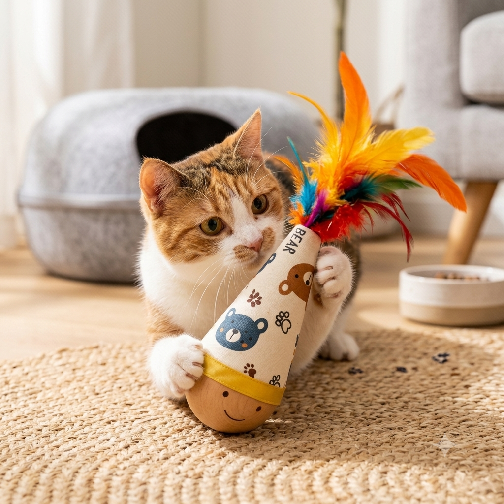 Natural Beechwood Wobble Cat Toy | Interactive Feather Tumbler (2-Pack)