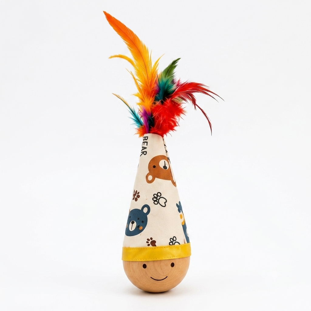 Natural Beechwood Wobble Cat Toy | Interactive Feather Tumbler (2-Pack)