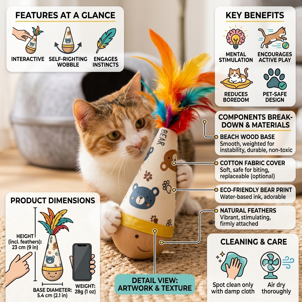 Natural Beechwood Wobble Cat Toy | Interactive Feather Tumbler (2-Pack)