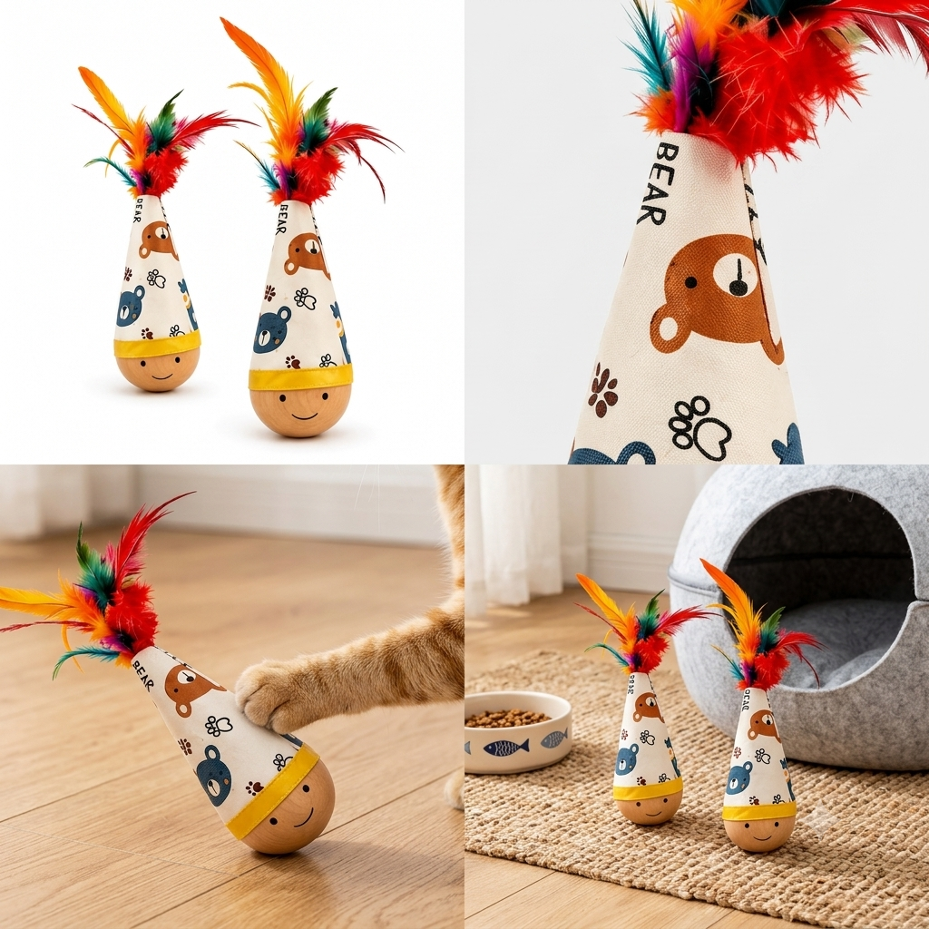 Natural Beechwood Wobble Cat Toy | Interactive Feather Tumbler (2-Pack)