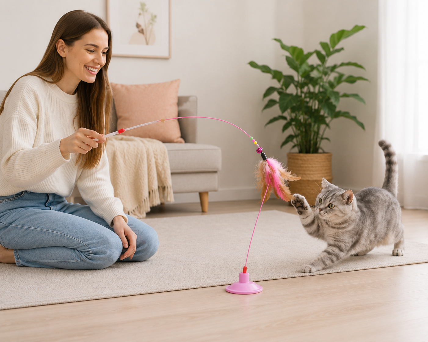 Interactive Feather Cat Wand Toy with Bell
