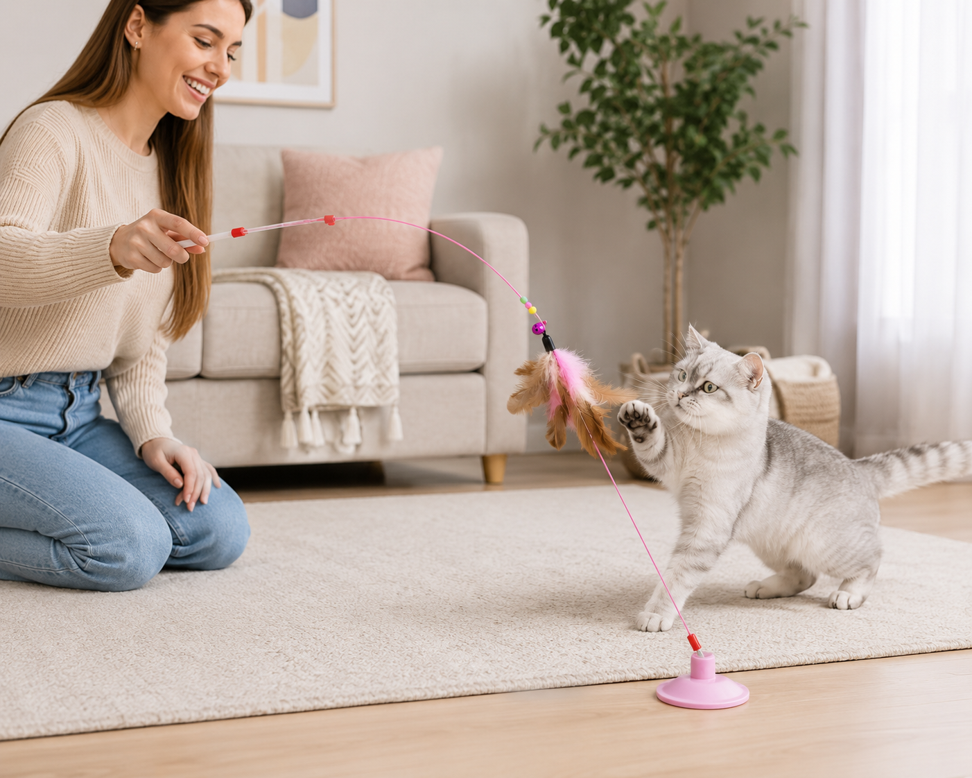 Interactive Feather Cat Wand Toy with Bell