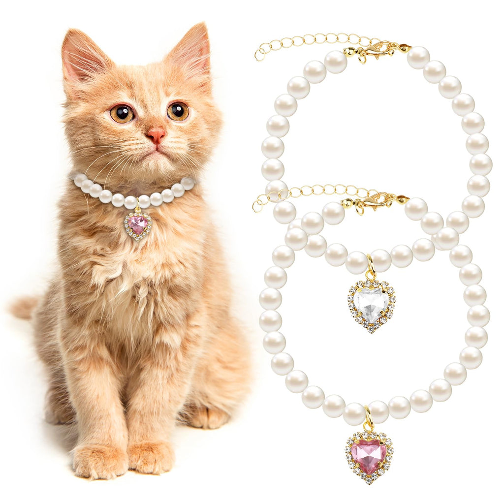Pearl Cat Collar with Heart Pendant | Adjustable Kitten & Small Pet Necklace