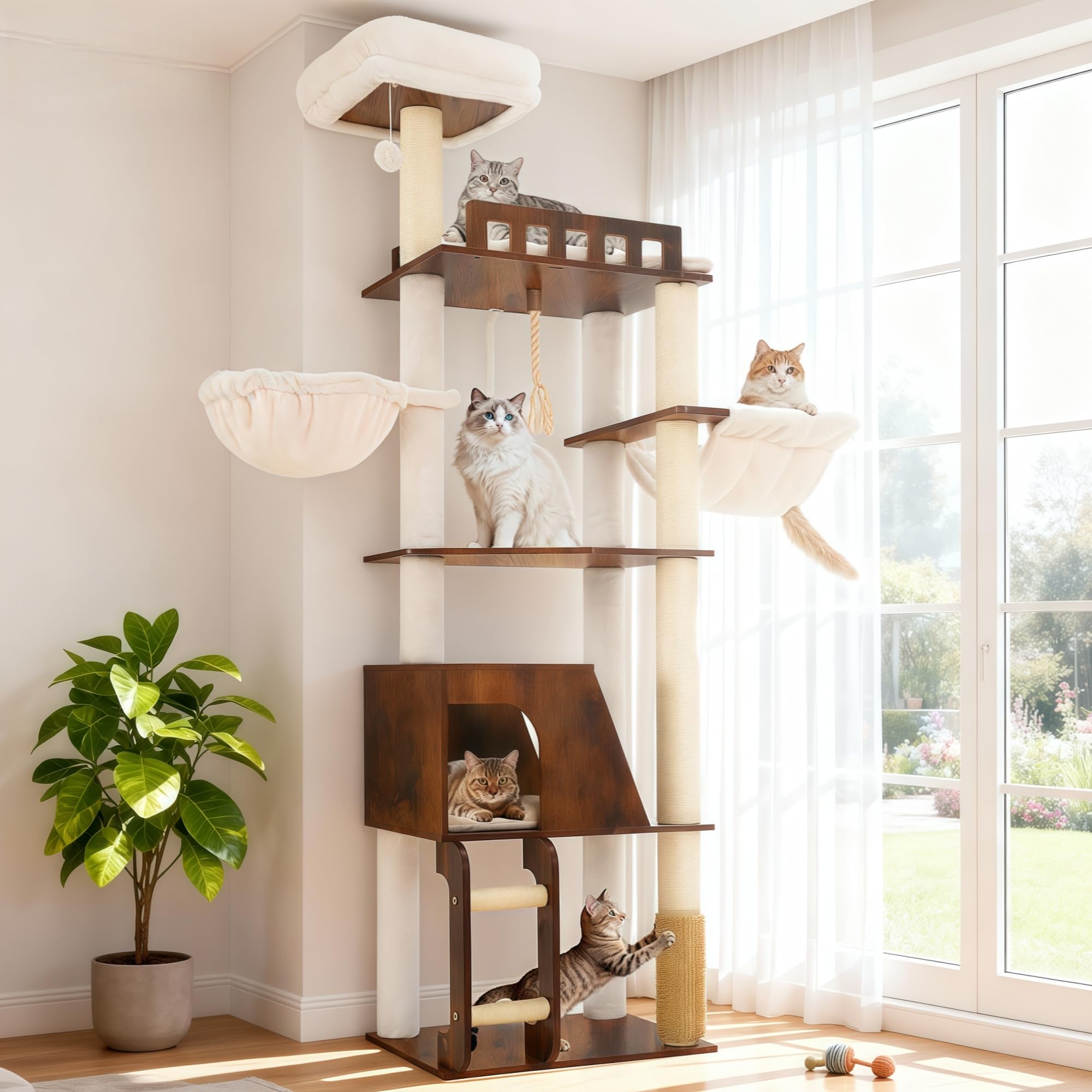 Modern Wooden Cat Tree Tower with Condo, Hammock & Scratching Posts