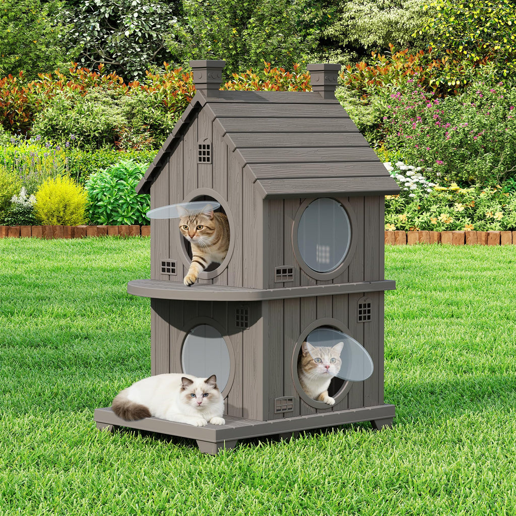 2-Story Outdoor Cat House with Elevated Base & Weatherproof Shelter for Cats
