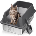 XL Stainless Steel High-Sided Cat Litter Box with Scoop | Leakproof Open Top Litter Pan