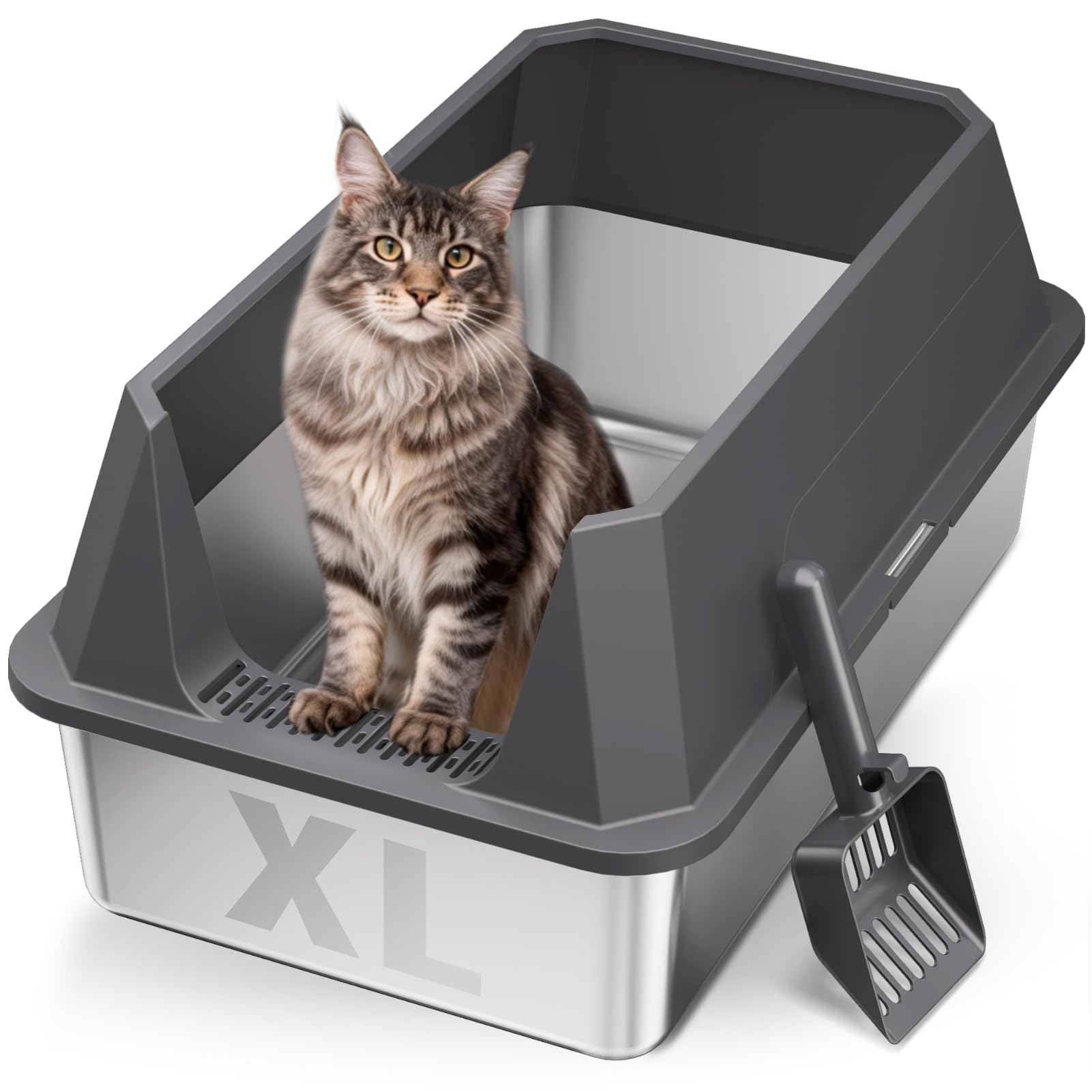XL Stainless Steel High-Sided Cat Litter Box with Scoop | Leakproof Open Top Litter Pan