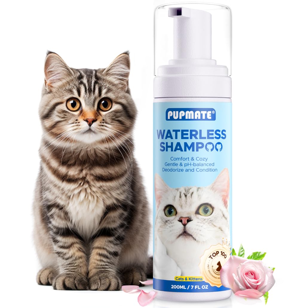 PUPMATE Waterless Cat Shampoo Foam with Grooming Brush | No Rinse Dry Shampoo for Cats | 200ml