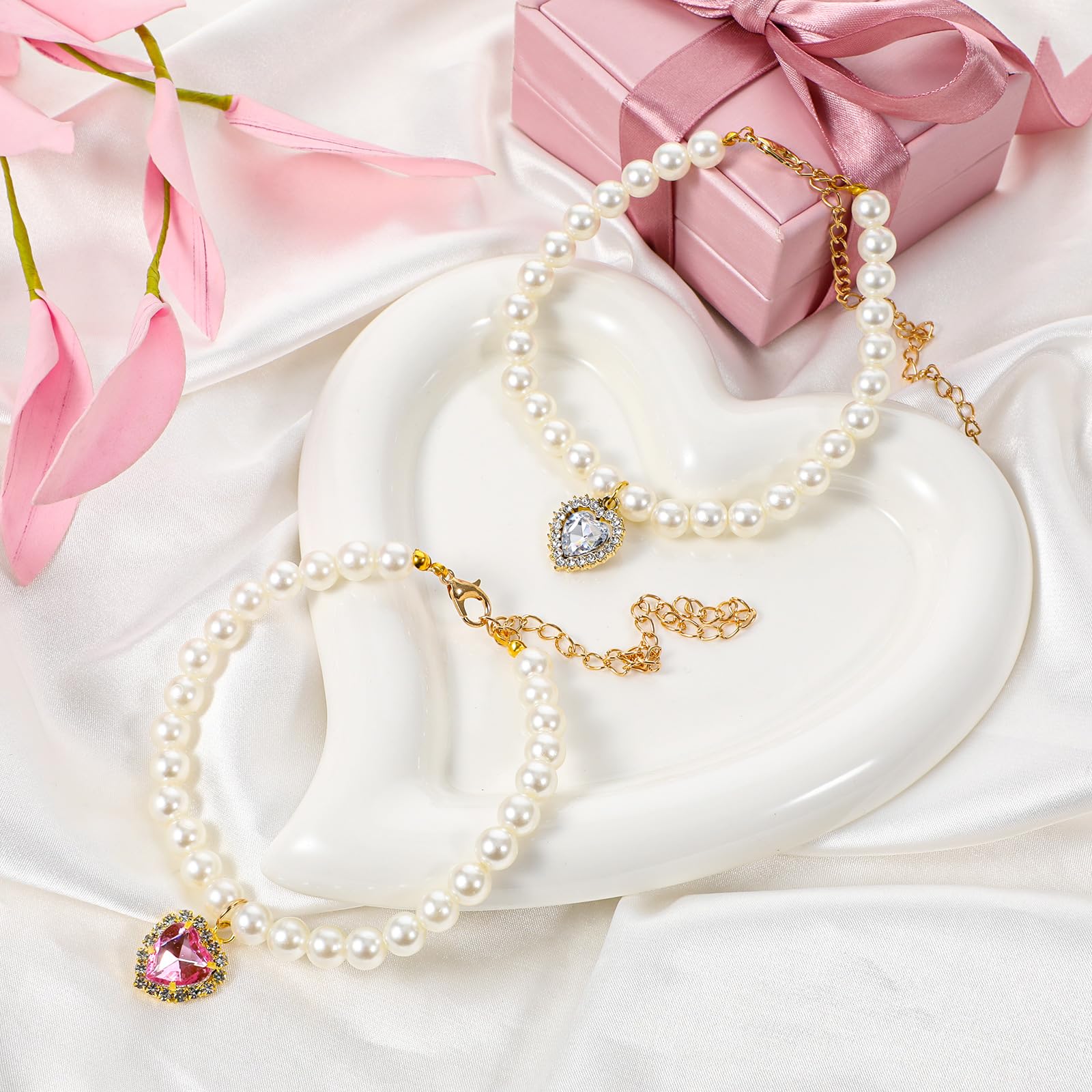 Pearl Cat Collar with Heart Pendant | Adjustable Kitten & Small Pet Necklace