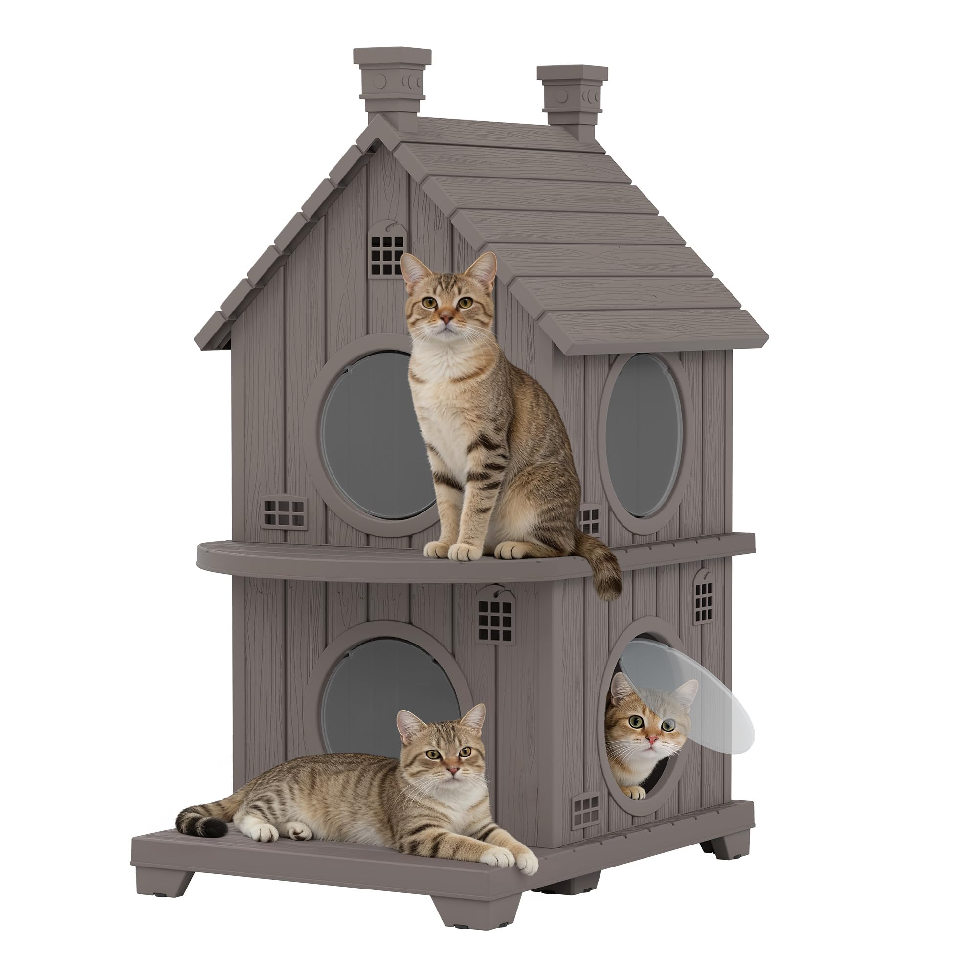 2-Story Outdoor Cat House with Elevated Base & Weatherproof Shelter for Cats