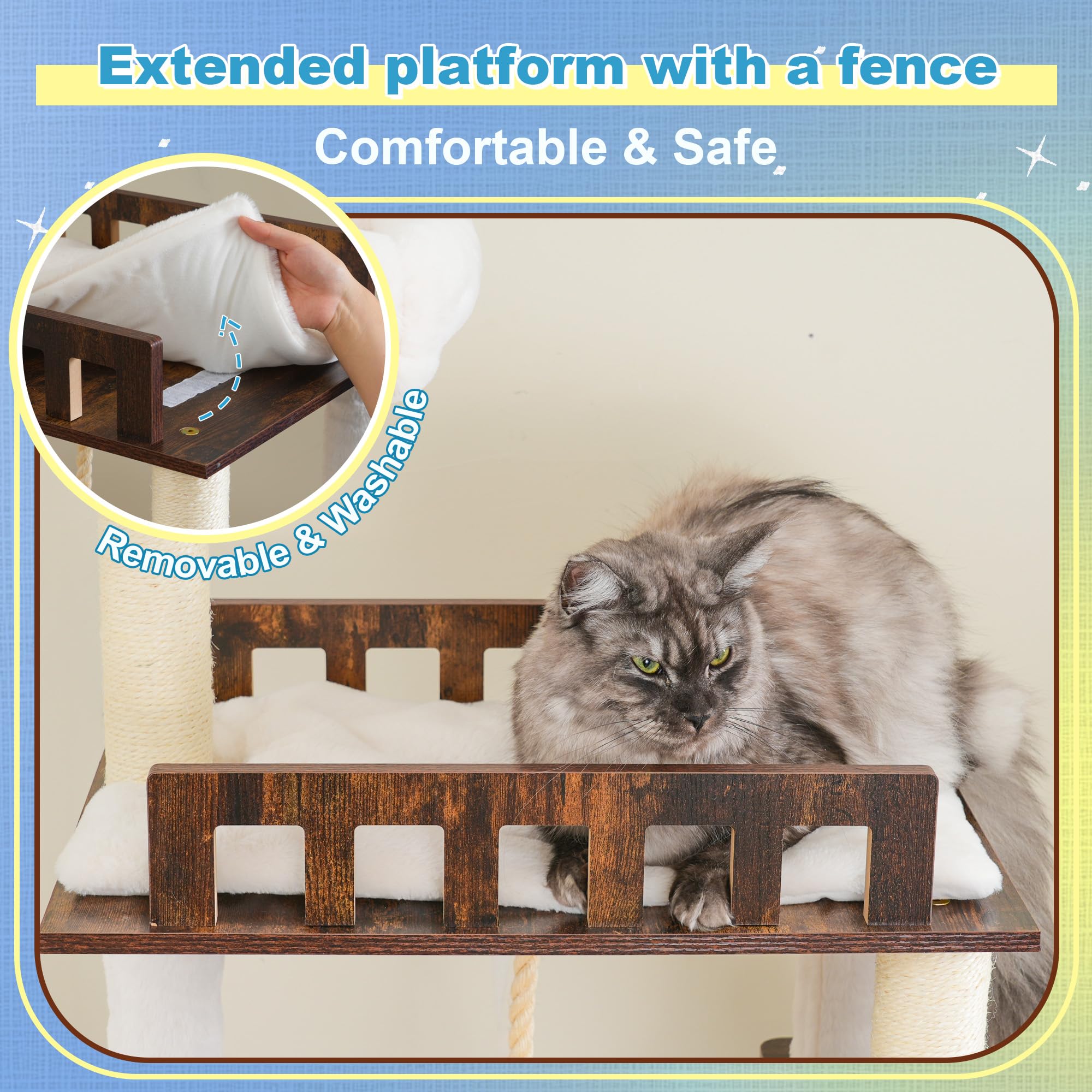 Modern Wooden Cat Tree Tower with Condo, Hammock & Scratching Posts
