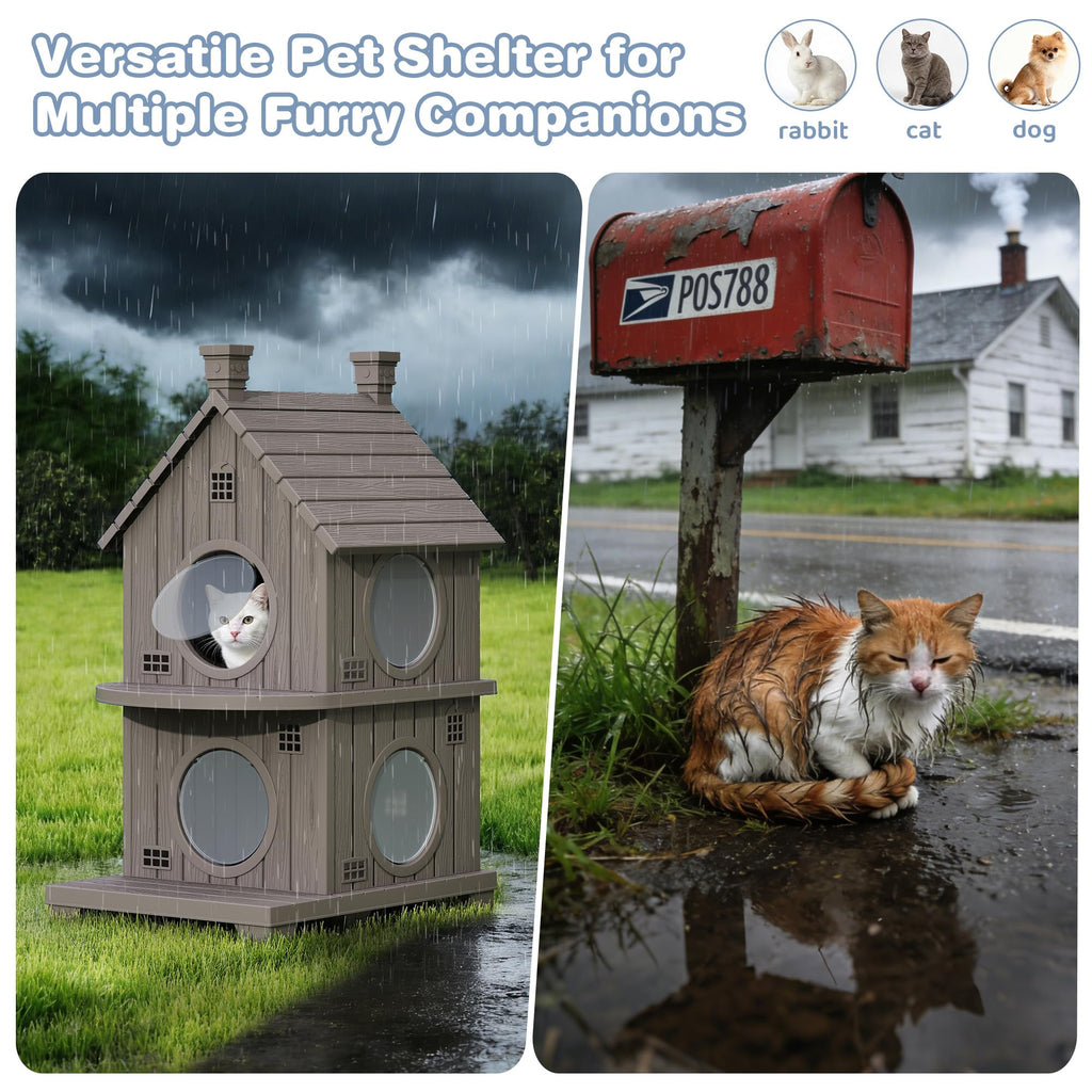 2-Story Outdoor Cat House with Elevated Base & Weatherproof Shelter for Cats