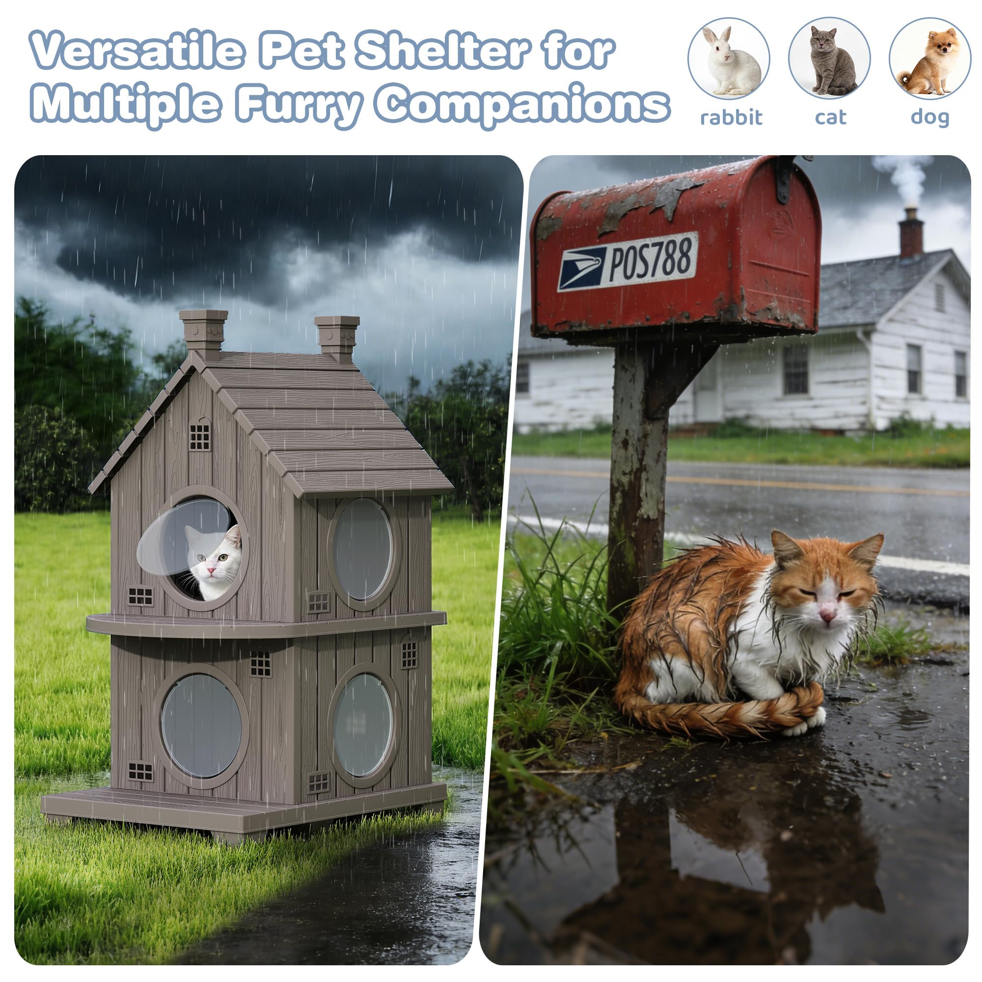 2-Story Outdoor Cat House with Elevated Base & Weatherproof Shelter for Cats