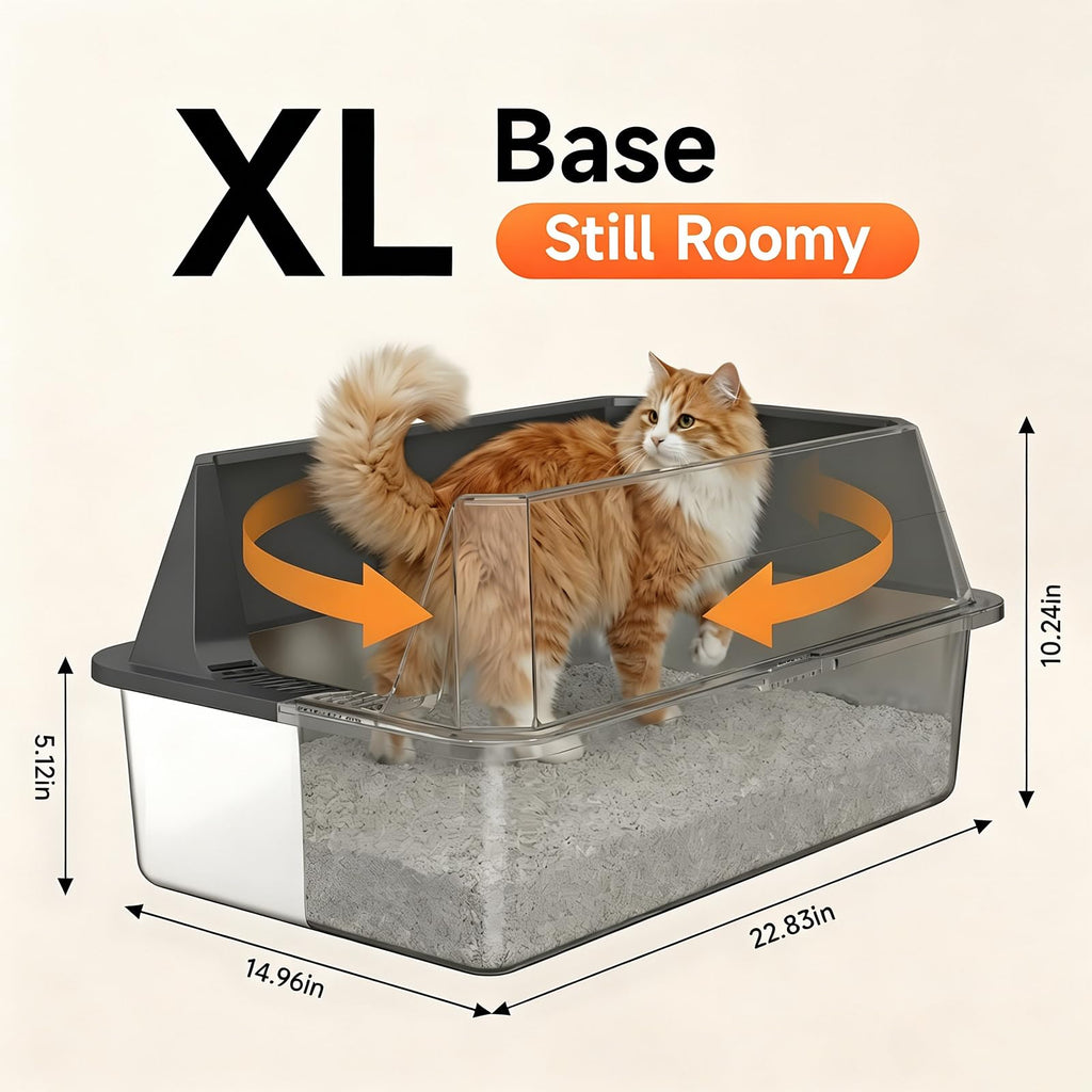 XL Stainless Steel High-Sided Cat Litter Box with Scoop | Leakproof Open Top Litter Pan