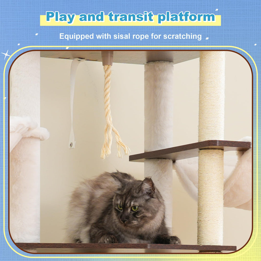 Modern Wooden Cat Tree Tower with Condo, Hammock & Scratching Posts