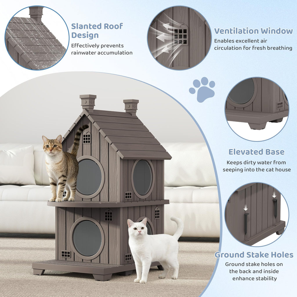 2-Story Outdoor Cat House with Elevated Base & Weatherproof Shelter for Cats