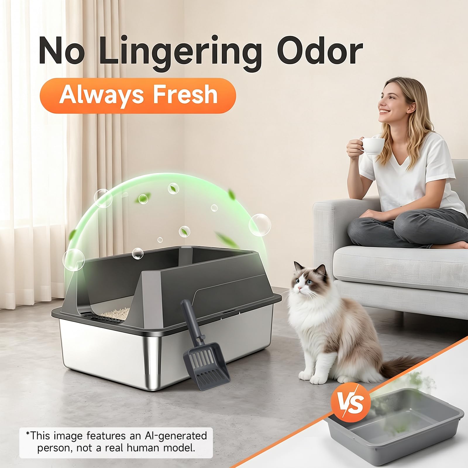 XL Stainless Steel High-Sided Cat Litter Box with Scoop | Leakproof Open Top Litter Pan