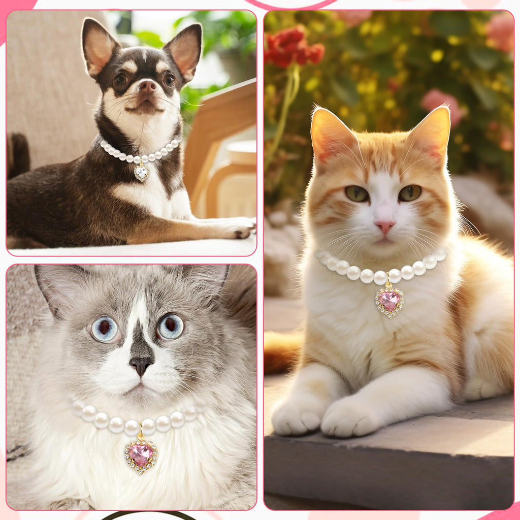 Pearl Cat Collar with Heart Pendant | Adjustable Kitten & Small Pet Necklace