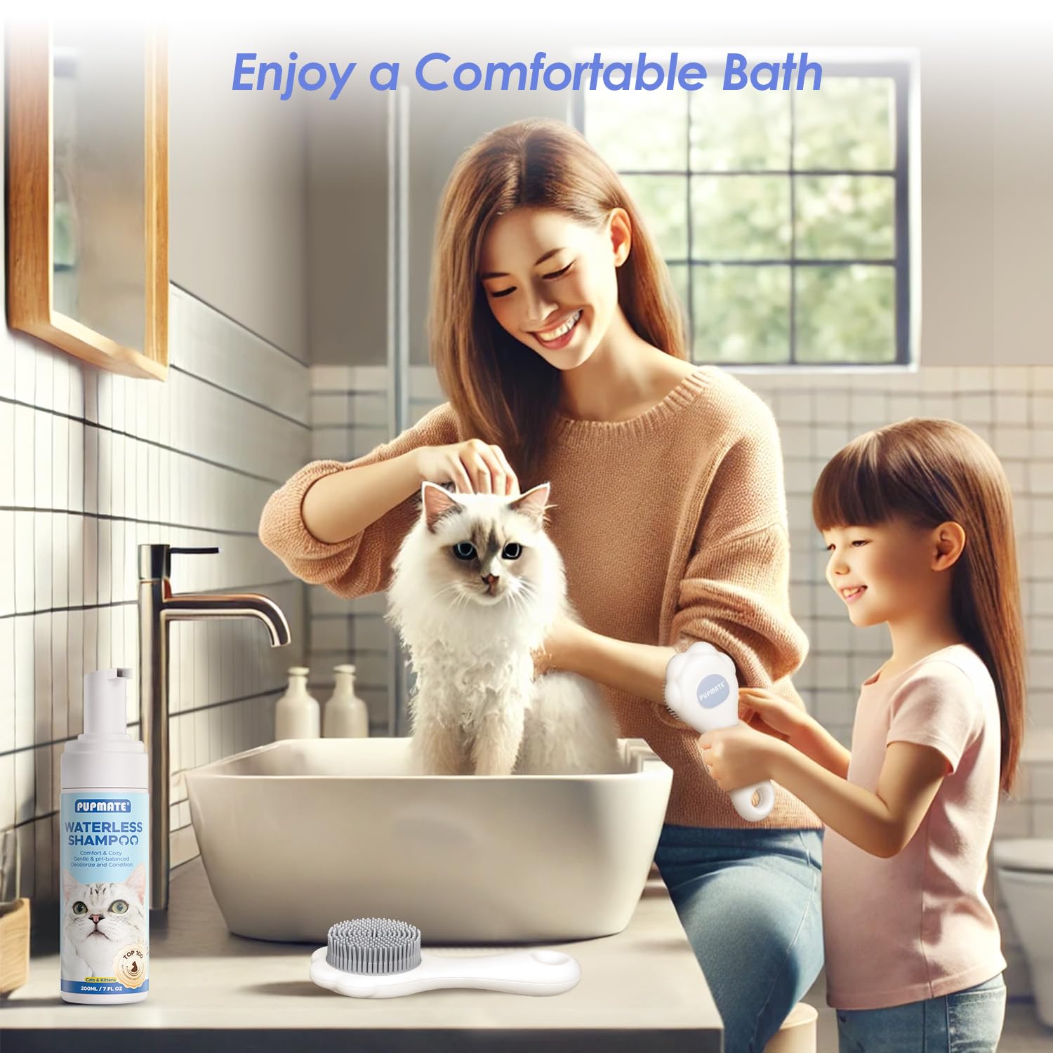 PUPMATE Waterless Cat Shampoo Foam with Grooming Brush | No Rinse Dry Shampoo for Cats | 200ml