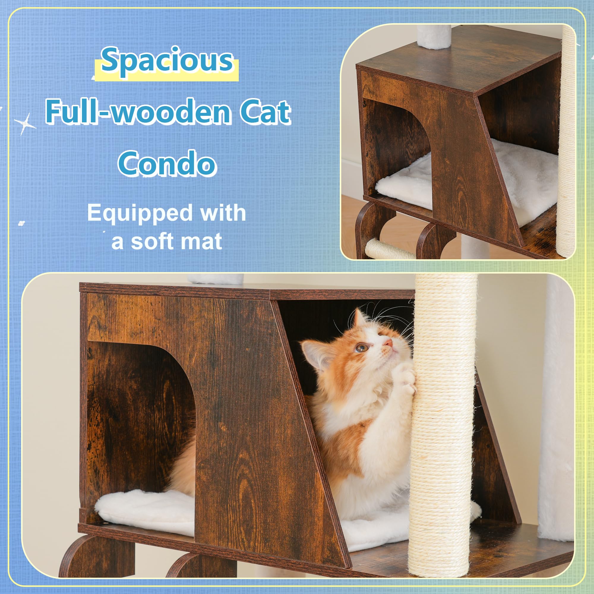 Modern Wooden Cat Tree Tower with Condo, Hammock & Scratching Posts