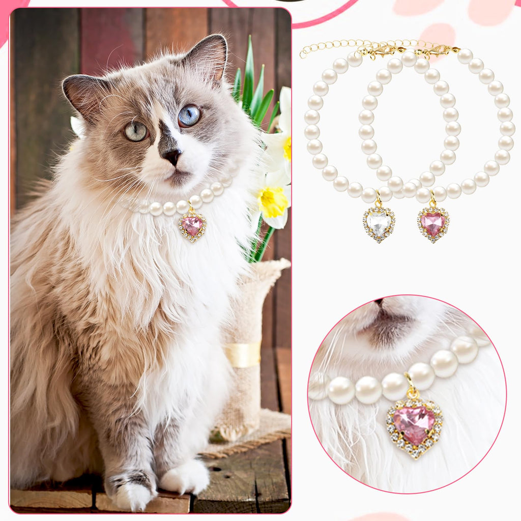 Pearl Cat Collar with Heart Pendant | Adjustable Kitten & Small Pet Necklace