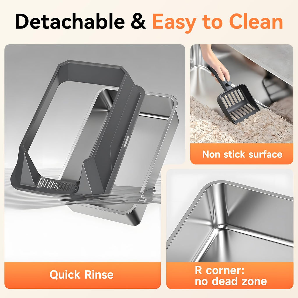 XL Stainless Steel High-Sided Cat Litter Box with Scoop | Leakproof Open Top Litter Pan