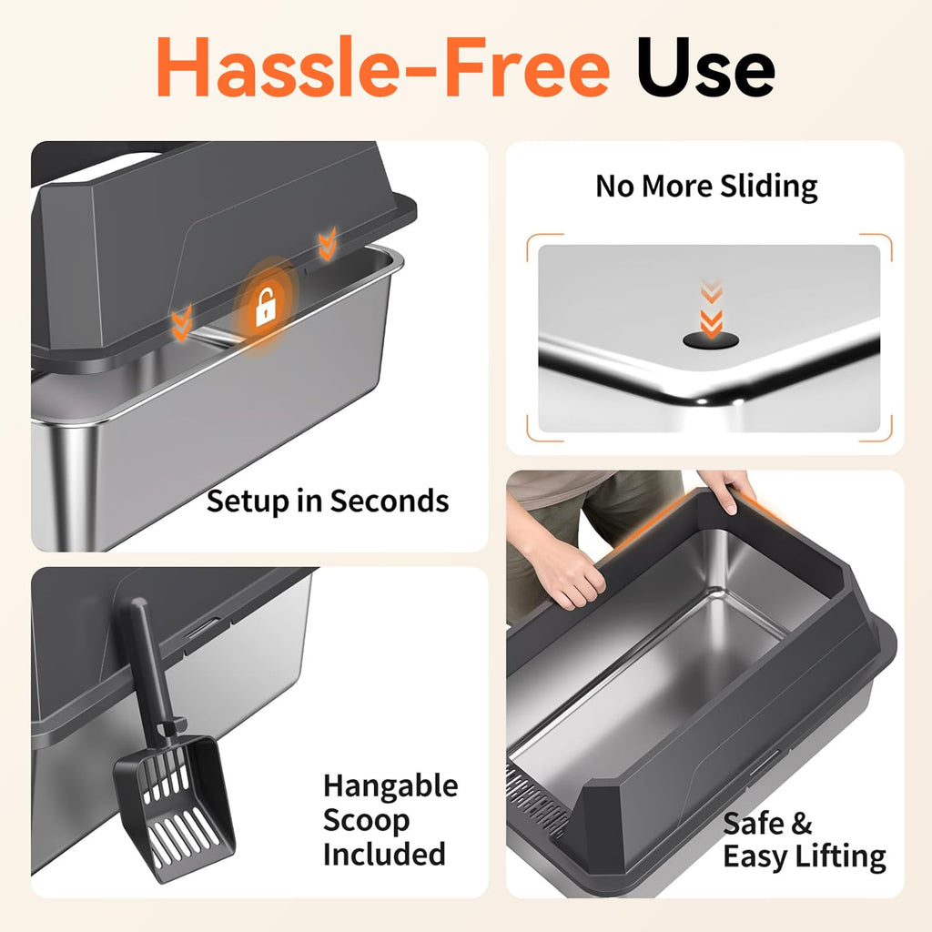 XL Stainless Steel High-Sided Cat Litter Box with Scoop | Leakproof Open Top Litter Pan