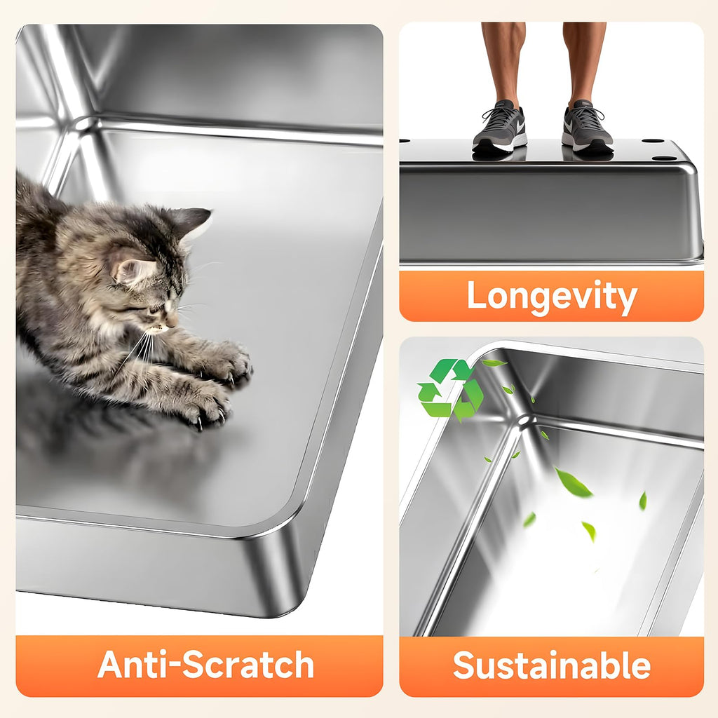 XL Stainless Steel High-Sided Cat Litter Box with Scoop | Leakproof Open Top Litter Pan