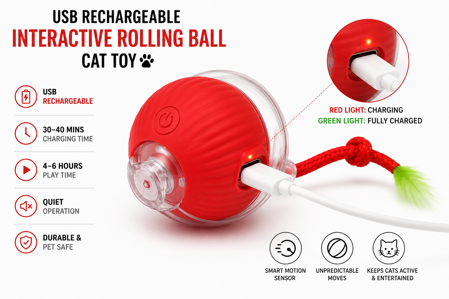 Interactive Rolling Ball Cat Toy 🐱✨ | USB Rechargeable Smart Motion Ball