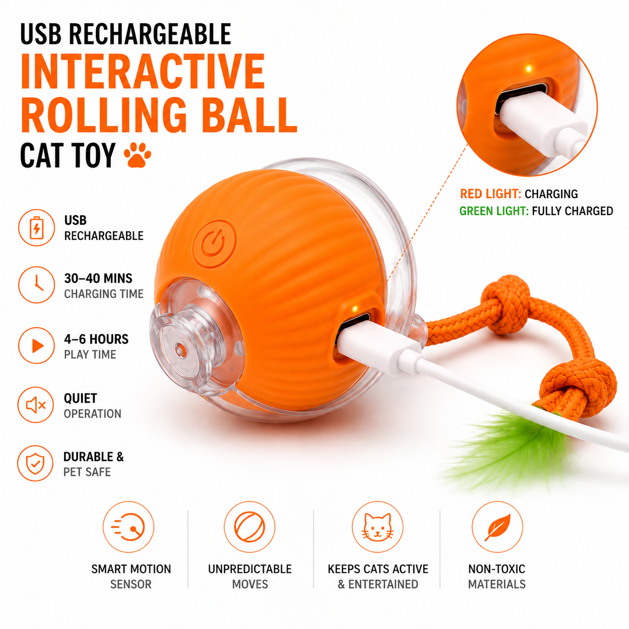Interactive Rolling Ball Cat Toy 🐱✨ | USB Rechargeable Smart Motion Ball